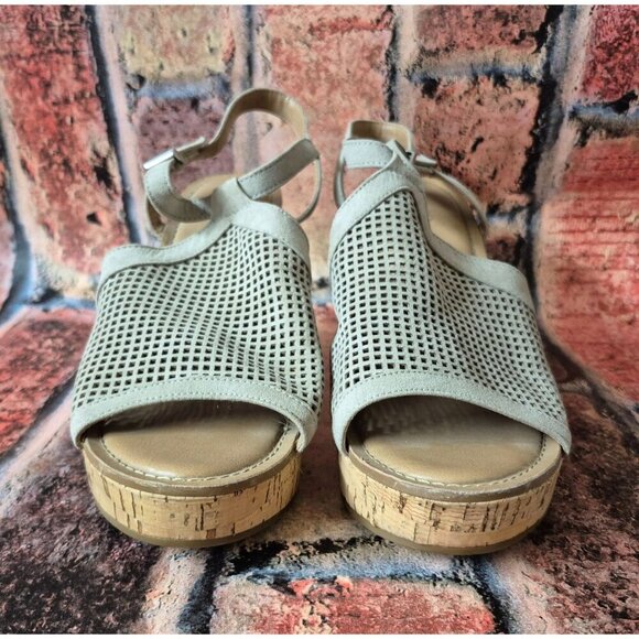 Franco Sarto Cork Platform Wedge Sling Back Sandal Taupe Size 10 Mesh Faux Suede - Picture 4 of 14